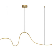 Pendul LED modern cu o bară ondulată aurie și trei suspensii.