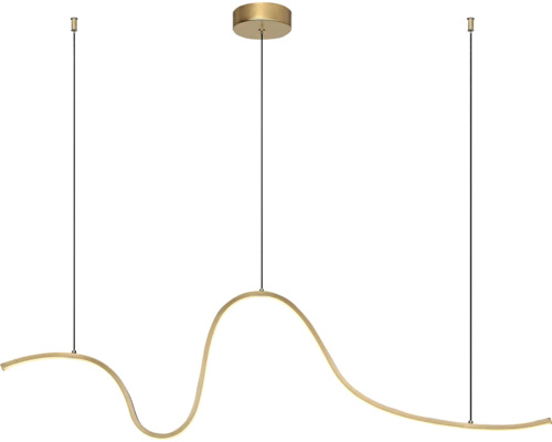 Pendul LED modern cu o bară ondulată aurie și trei suspensii.