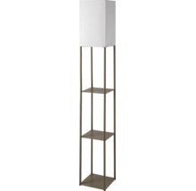Lampadar din metal cu rafturi integrate și un abajur pătrat din material textil.