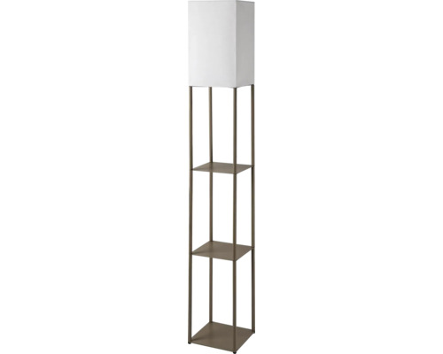 Lampadar din metal cu rafturi integrate și un abajur pătrat din material textil.