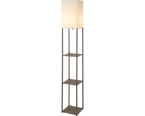 Lampadar cu trei rafturi integrate, cadru metalic și un abajur dreptunghiular din pânză.