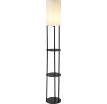 Lampadar cu trei rafturi rotunde, cadru metalic negru și abajur cilindric din material textil alb.
