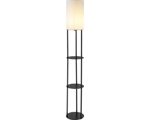 Lampadar cu trei rafturi rotunde, cadru metalic negru și abajur cilindric din material textil alb.