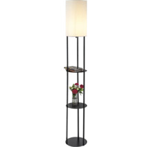 Lampadar cu cadru metalic negru, două rafturi rotunde și abajur cilindric din textil alb.
