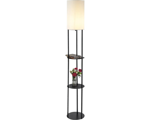 Lampadar cu cadru metalic negru, două rafturi rotunde și abajur cilindric din textil alb.