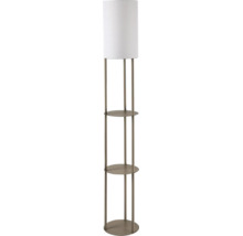 Lampadar cu trei picioare, abajur textil alb și două rafturi rotunde din metal bronz.