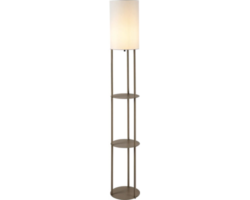 Lampadar modern cu abajur textil cilindric, cadru metalic și două rafturi rotunde.