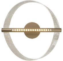 Aplică LED modernă cu design circular, bară luminoasă orizontală și inel din sticlă texturată.