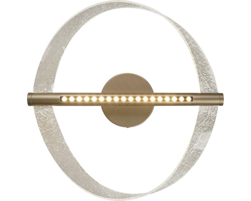 Aplică LED modernă cu design circular, bară luminoasă orizontală și inel din sticlă texturată.