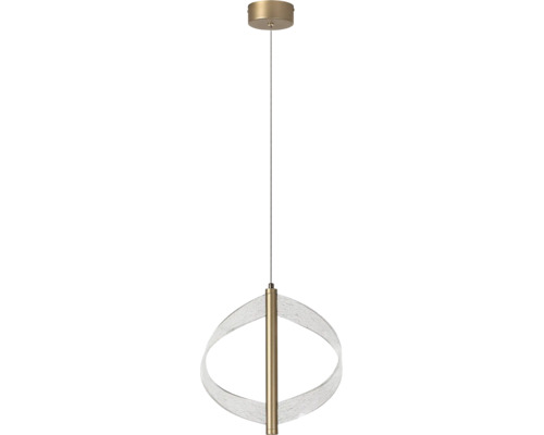 Pendul din metal cu aspect de alamă, cu abajur curbat din plastic cu aspect de sticlă și suprafață structurată.