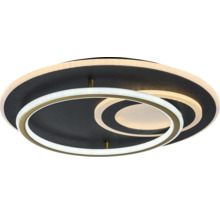 Plafonieră LED rotundă din metal și plastic cu mai multe inele luminoase în negru și auriu.