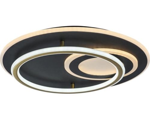 Plafonieră LED rotundă din metal și plastic cu mai multe inele luminoase în negru și auriu.