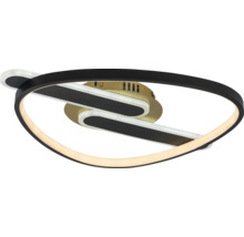 Plafonieră LED modernă în negru și auriu cu elemente ovale împletite din metal și plastic.