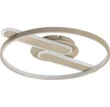 Plafonieră LED modernă cu ramă rotundă și element în formă de S din metal și plastic.