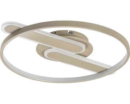 Plafonieră LED modernă cu ramă rotundă și element în formă de S din metal și plastic.
