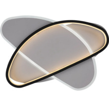Plafonieră modernă cu LED, cu design asimetric, compusă din două elemente ovale suprapuse și lumină albă caldă.