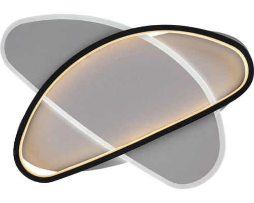Plafonieră modernă cu LED, cu design asimetric, compusă din două elemente ovale suprapuse și lumină albă caldă.