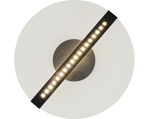 Plafonieră LED rotundă cu bară neagră diagonală și puncte luminoase LED integrate.