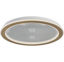 Plafonieră LED rotundă cu inel exterior maro și abajur cu model din metal și plastic.