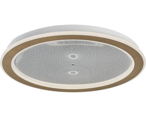 Plafonieră LED rotundă cu inel exterior maro și abajur cu model din metal și plastic.