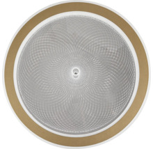 Plafonieră LED rotundă cu model geometric și inel exterior auriu.