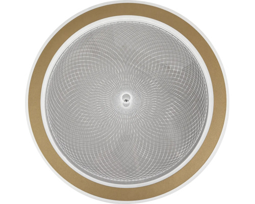 Plafonieră LED rotundă cu model geometric și inel exterior auriu.