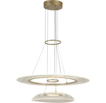 Lustră LED modernă în formă de inel, design etajat din metal cu elemente luminoase structurate.