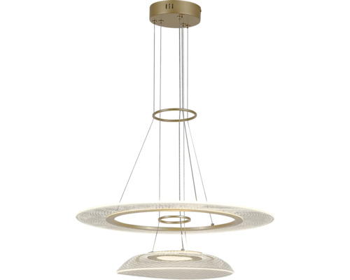 Lustră LED modernă în formă de inel, design etajat din metal cu elemente luminoase structurate.