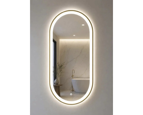 "Oglindă de baie LED ovală cu ramă aurie subțire și iluminare integrată