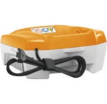 Încărcător de acumulatori din plastic portocaliu și alb cu cablu de alimentare, ștecher și simboluri de siguranță.
