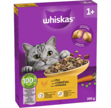 Whiskas hrană uscată pentru pisici adulte peste 1 an cu pui, pachet de 300 de grame, nutriție 100 la sută completă.