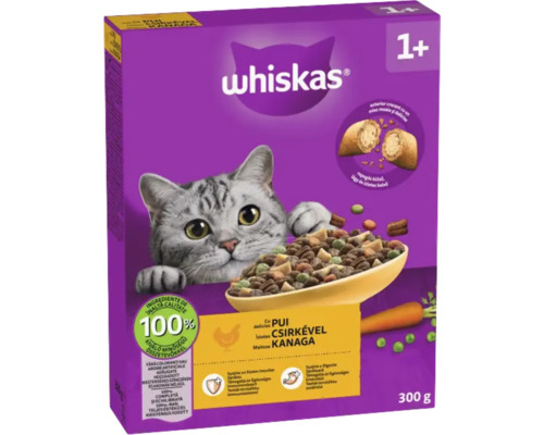 Whiskas hrană uscată pentru pisici adulte peste 1 an cu pui, pachet de 300 de grame, nutriție 100 la sută completă.