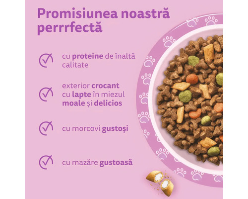 Hrană pentru pisici cu proteine de înaltă calitate, miez de lapte, morcovi și mazăre. Imagine cu bol cu bobițe și o granulă secționată.