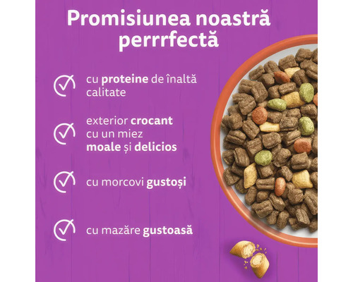 Hrană uscată pentru pisici într-un bol cu proteine de înaltă calitate, exterior crocant cu miez moale, morcovi și mazăre.