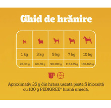 Ghid de hrănire: 1 la 10 kilograme, 25 la 165 grame pe zi. Aproximativ 25 grame hrană uscată pot fi înlocuite cu 100 grame hrană umedă Pedigree.