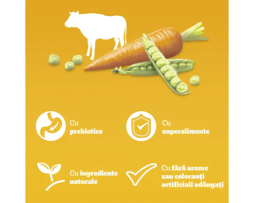 Ilustrații cu vită, morcov și mazăre. Simboluri pentru prebiotice, superalimente, ingrediente naturale și fără arome sau coloranți artificiali adăugați.