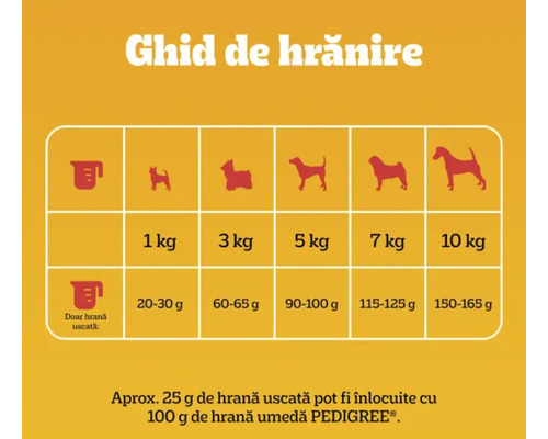 Ghid de hrănire pentru câini: tabel cu rația de hrană uscată pentru greutăți între 1 și 10 kilograme și echivalența cu hrana umedă Pedigree.