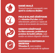 Simboluri pentru igienă orală, piele și blană sănătoasă, digestie sănătoasă și susținerea sistemului imunitar.