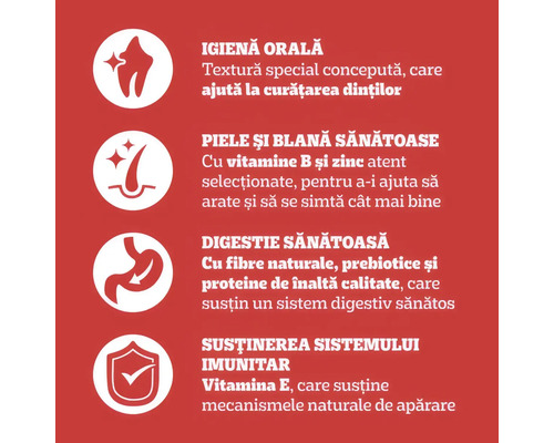 Simboluri pentru igienă orală, piele și blană sănătoasă, digestie sănătoasă și susținerea sistemului imunitar.