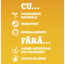 Simboluri pentru ingrediente naturale, prebiotice, superalimente, fără arome sau coloranți artificiali și fără ulei de palmier.