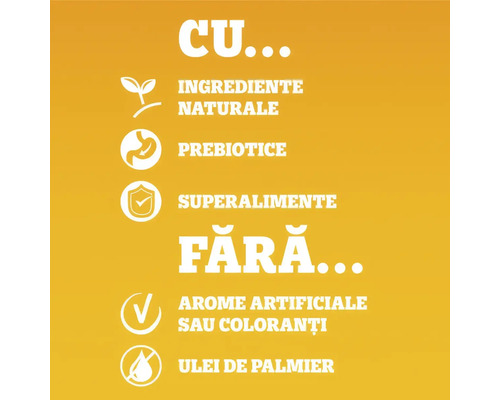 Simboluri pentru ingrediente naturale, prebiotice, superalimente, fără arome sau coloranți artificiali și fără ulei de palmier.