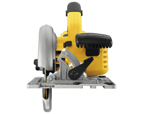 Ferăstrău circular DeWalt, vedere frontală cu talpă reglabilă și scală de înclinare.