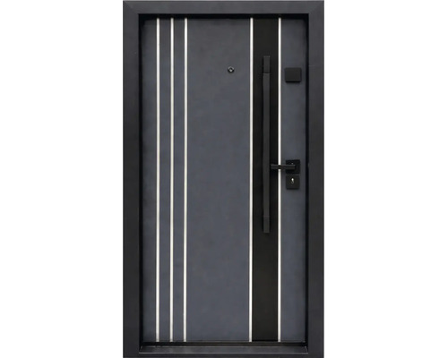 Ușă de intrare modernă în culoarea antracit cu benzi verticale, mâner lung, clanță și vizor.