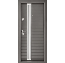 Ușă de intrare cu caneluri orizontale, decupaj vertical pentru lumină cu dungi, mâner, două încuietori și vizor.