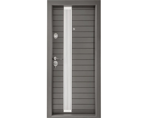 Ușă de intrare cu caneluri orizontale, decupaj vertical pentru lumină cu dungi, mâner, două încuietori și vizor.