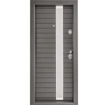 Ușă de intrare modernă de culoare antracit cu caneluri orizontale, un element de design vertical și feronerie argintie.