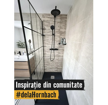 Baie modernă cu perete de duș din sticlă în stil industrial, sistem de duș negru, gresie cu aspect de piatră și mască de lavoar din lemn.
