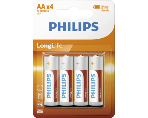 Baterii zinc-clorură Philips LongLife AA set 4 bucăți 1,5 Volți