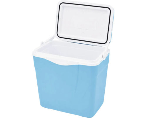 Ladă frigorifică deschisă din plastic cu mâner de transport și inel de etanșare în capac.