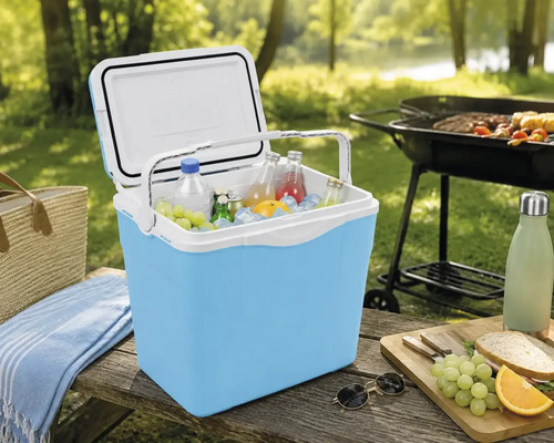Ladă frigorifică din plastic albastru deschis și alb, cu capacul deschis, umplută cu gheață, băuturi la sticlă și fructe, pe o masă de picnic.
